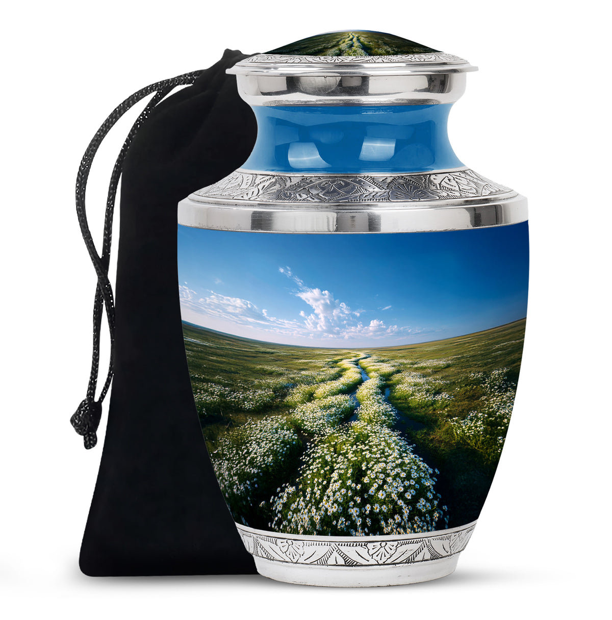 Calming Blue Daisy Cremation Urn side profile showing urn shape - artistic daisy interpretation with creative detail - full-size 10 inch 200 cubic inch adult cremation urn