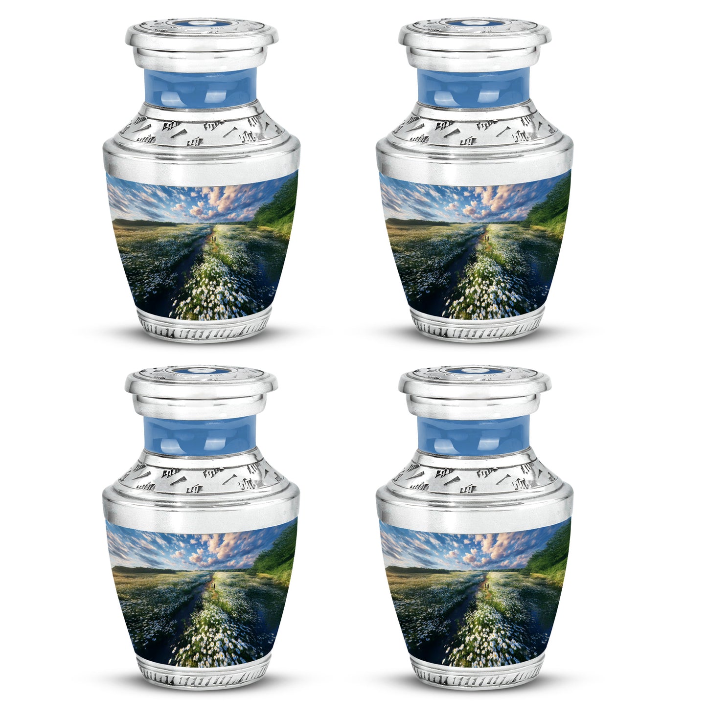 Vivid Blue Daisy Cremation Urn back view with polished surface - artistic daisy interpretation with creative detail - 10 inch aluminum urn for cremated remains