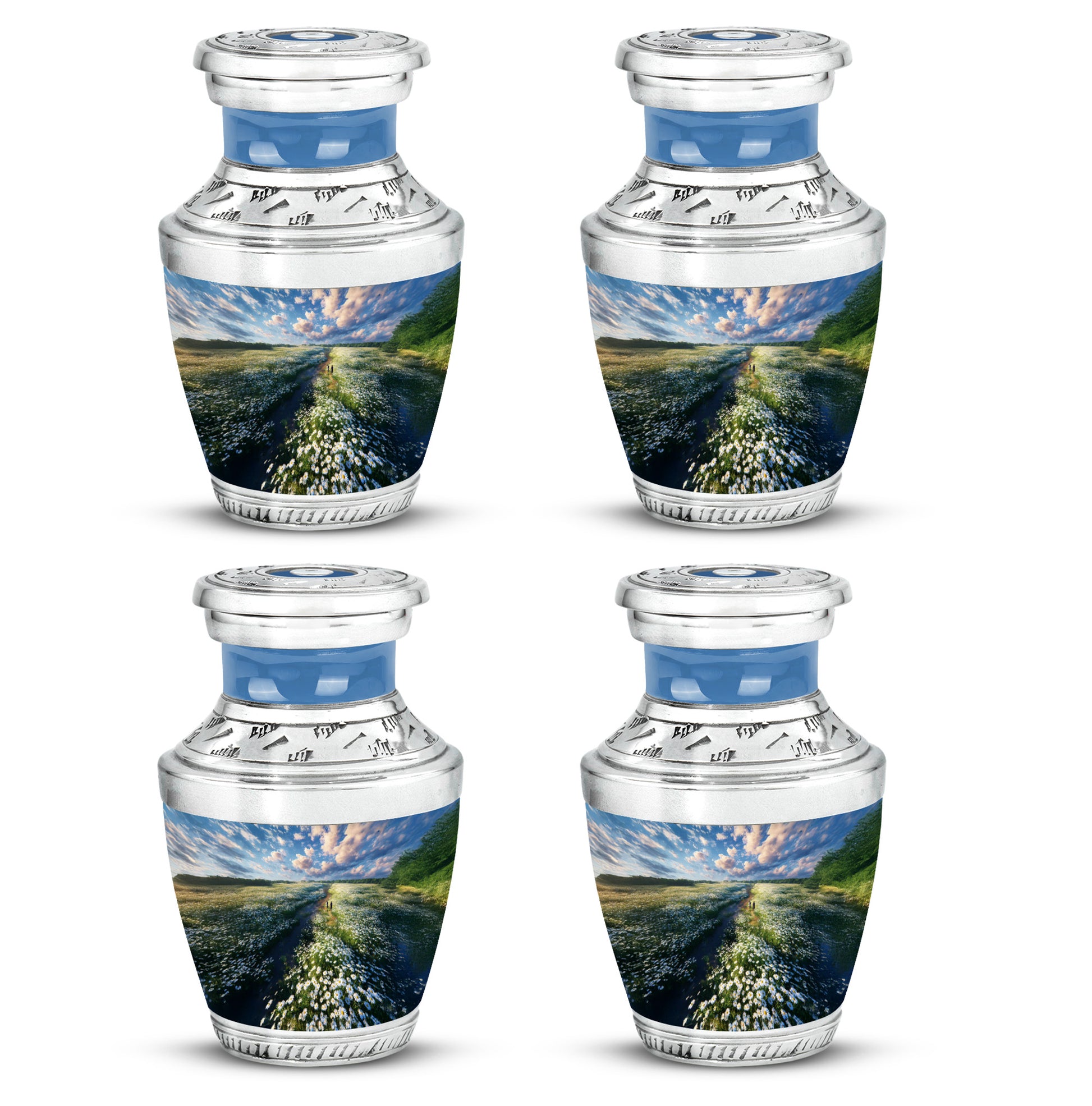 Vivid Blue Daisy Cremation Urn back view with polished surface - artistic daisy interpretation with creative detail - 10 inch aluminum urn for cremated remains