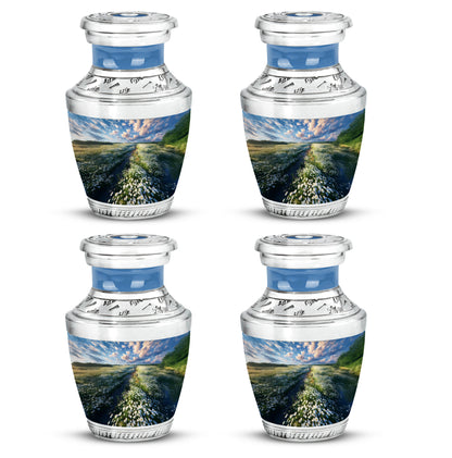 Vivid Blue Daisy Cremation Urn back view with polished surface - artistic daisy interpretation with creative detail - 10 inch aluminum urn for cremated remains