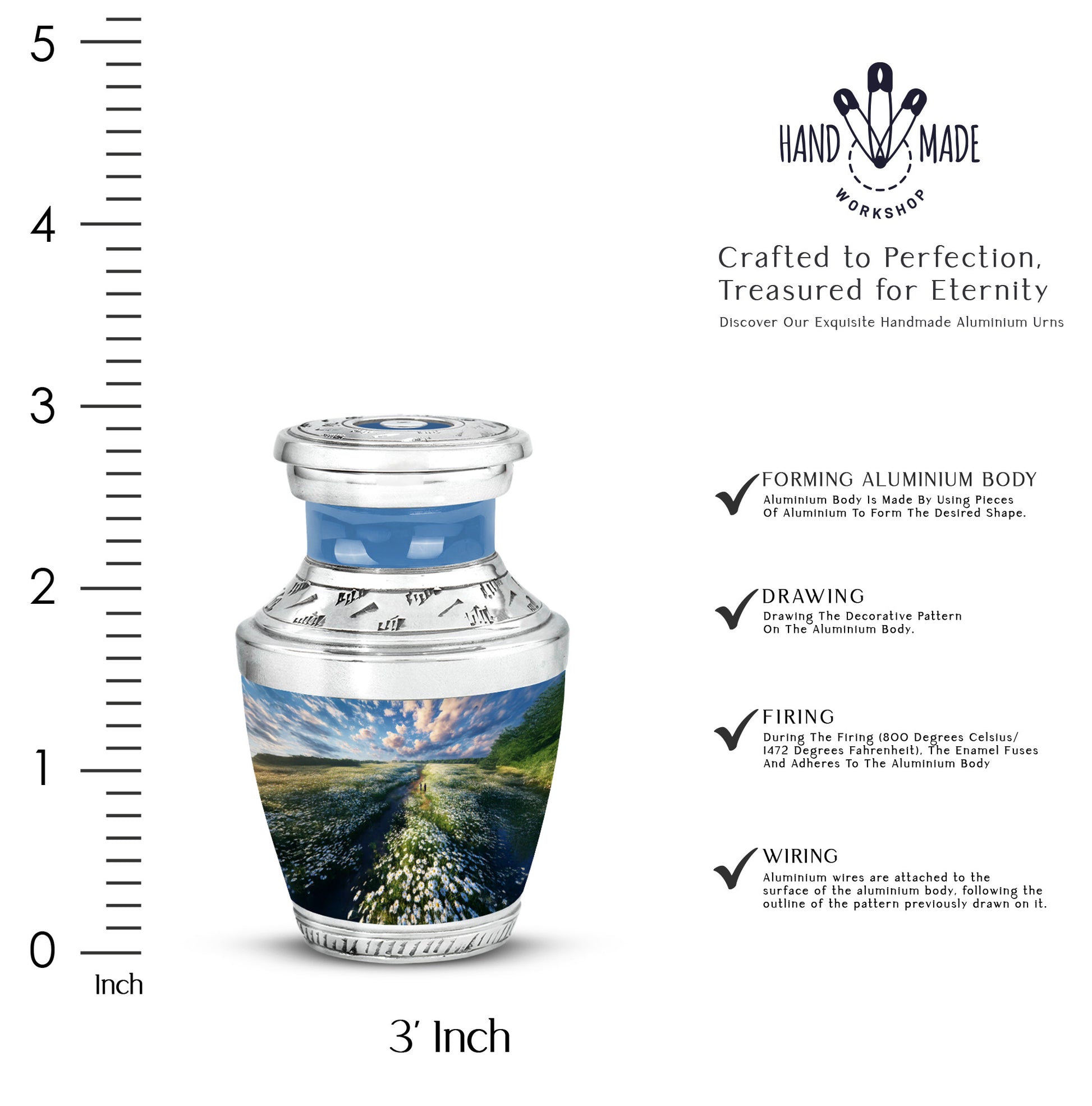 Bright Blue Daisy Cremation Urn top-down view of secure threaded lid - stylized abstract daisy pattern with bold lines - mini keepsake memorial for portion of cremation ashes