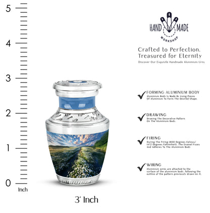 Bright Blue Daisy Cremation Urn top-down view of secure threaded lid - stylized abstract daisy pattern with bold lines - mini keepsake memorial for portion of cremation ashes