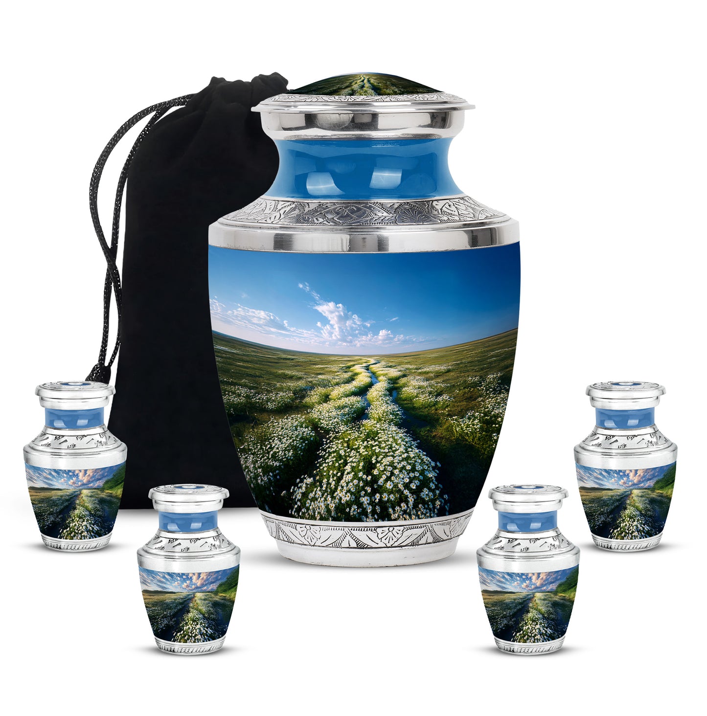 Soft Blue Daisy Cremation Urn lifestyle display on memorial shelf - artistic daisy interpretation with creative detail - memorial set with one large and four small urns