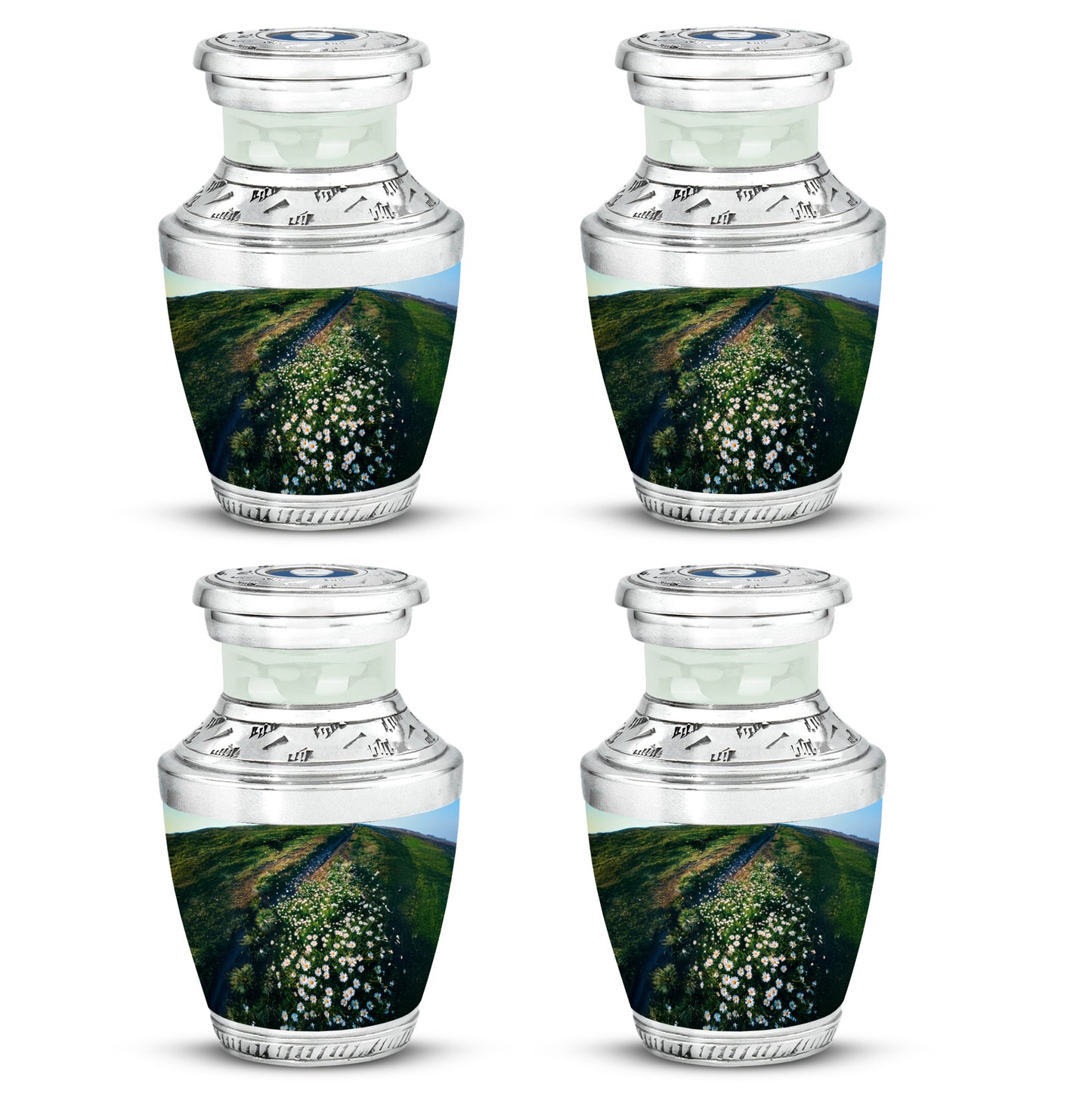 Olive Green Daisy Cremation Urn back view with polished surface - artistic daisy interpretation with creative detail - 10 inch aluminum urn for cremated remains