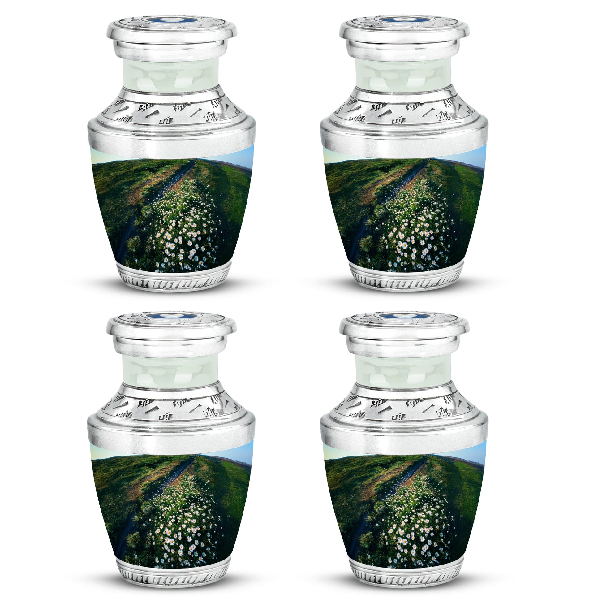 Olive Green Daisy Cremation Urn back view with polished surface - artistic daisy interpretation with creative detail - 10 inch aluminum urn for cremated remains