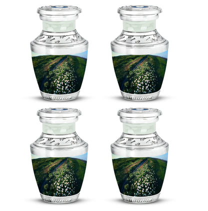 Olive Green Daisy Cremation Urn back view with polished surface - artistic daisy interpretation with creative detail - 10 inch aluminum urn for cremated remains