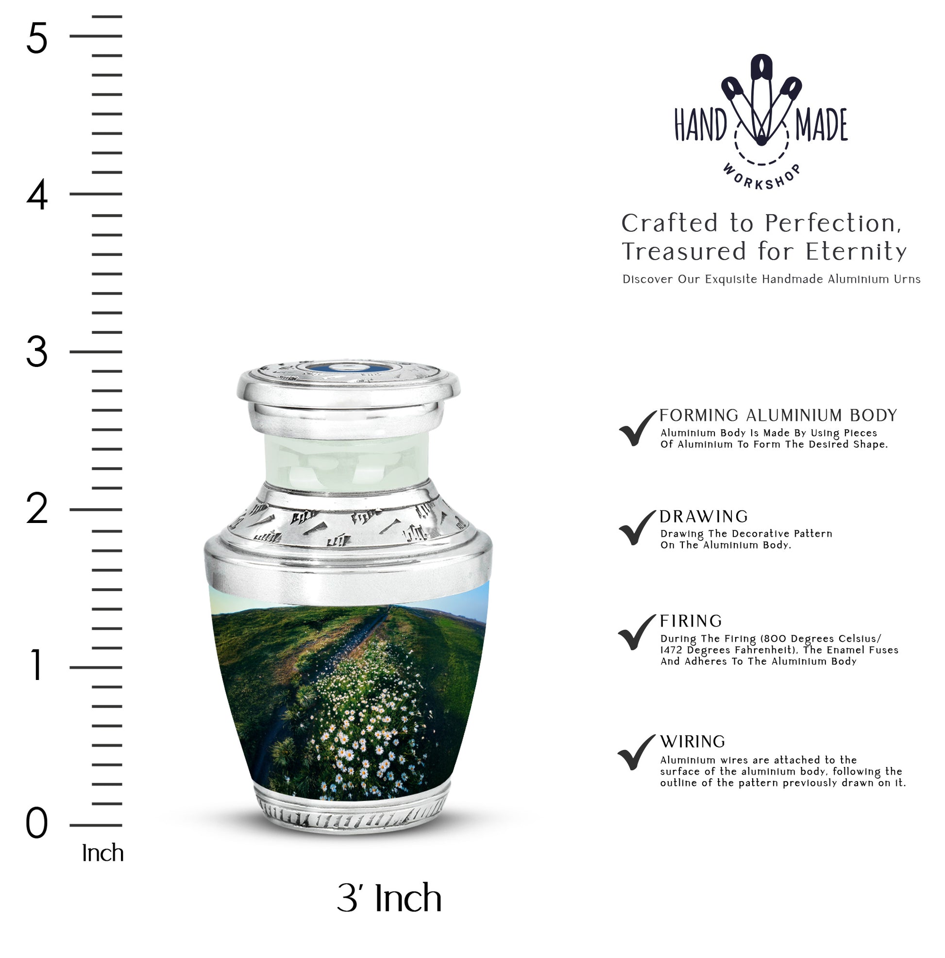 Mint Green Daisy Cremation Urn top-down view of secure threaded lid - stylized abstract daisy pattern with bold lines - mini keepsake memorial for portion of cremation ashes