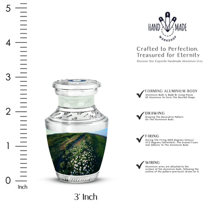 Mint Green Daisy Cremation Urn top-down view of secure threaded lid - stylized abstract daisy pattern with bold lines - mini keepsake memorial for portion of cremation ashes