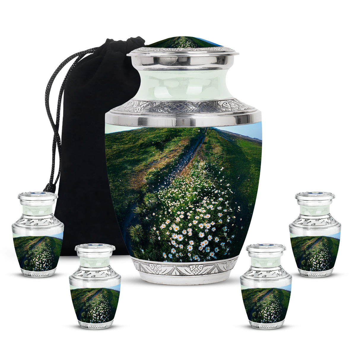 Olive Green Daisy Cremation Urn lifestyle display on memorial shelf - stylized abstract daisy pattern with bold lines - memorial set with one large and four small urns