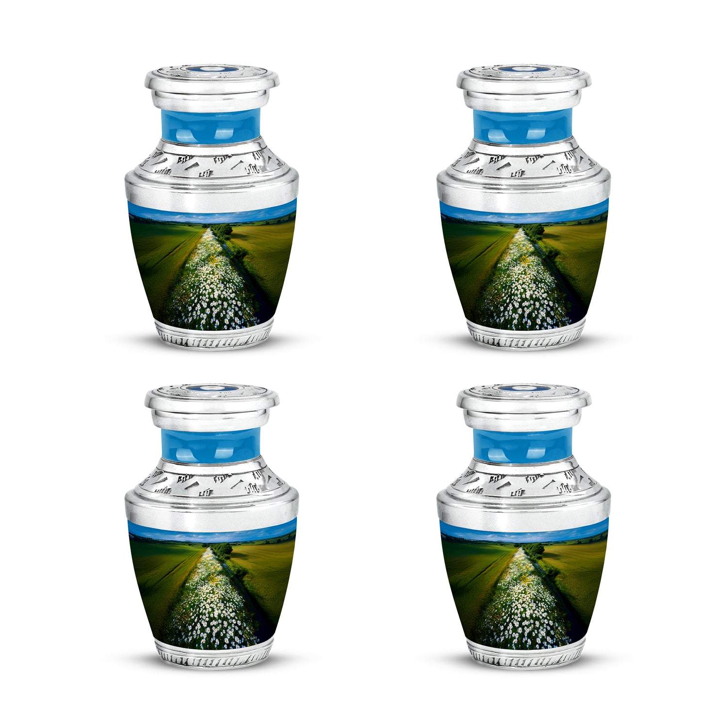 Cobalt Blue Daisy Cremation Urn back view with polished surface - artistic daisy interpretation with creative detail - 10 inch aluminum urn for cremated remains