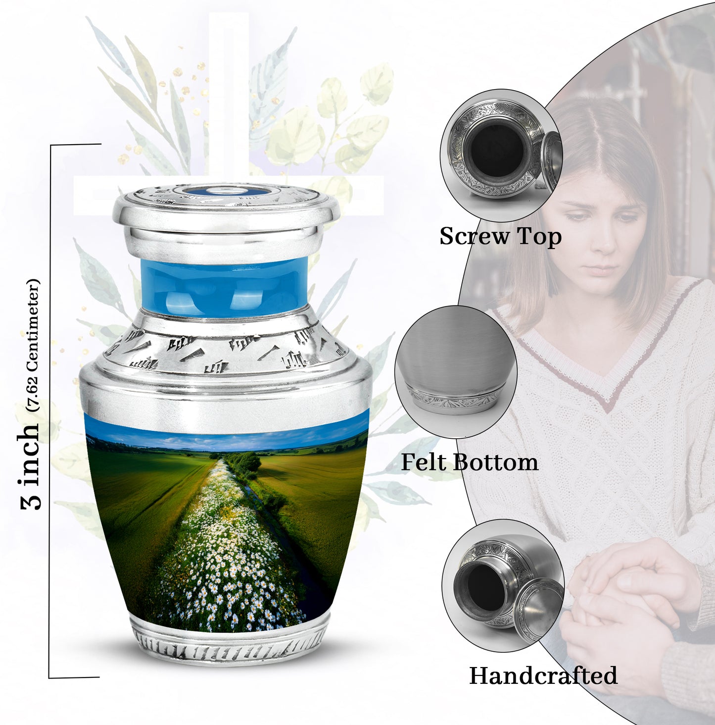 Powder Blue Daisy Cremation Urn top-down view of secure threaded lid - modern art-inspired daisy motif on sleek aluminum - mini keepsake memorial for portion of cremation ashes