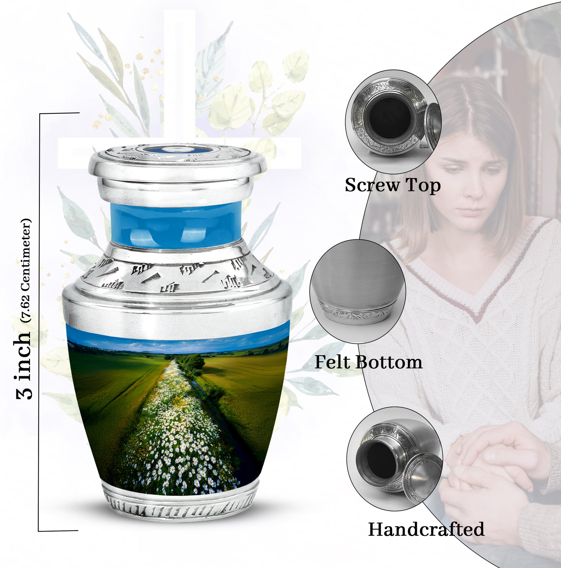 Powder Blue Daisy Cremation Urn top-down view of secure threaded lid - modern art-inspired daisy motif on sleek aluminum - mini keepsake memorial for portion of cremation ashes