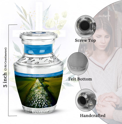 Powder Blue Daisy Cremation Urn top-down view of secure threaded lid - modern art-inspired daisy motif on sleek aluminum - mini keepsake memorial for portion of cremation ashes