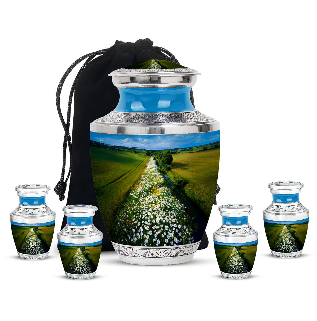 Azure Daisy Cremation Urn lifestyle display on memorial shelf - modern art-inspired daisy motif on sleek aluminum - memorial set with one large and four small urns