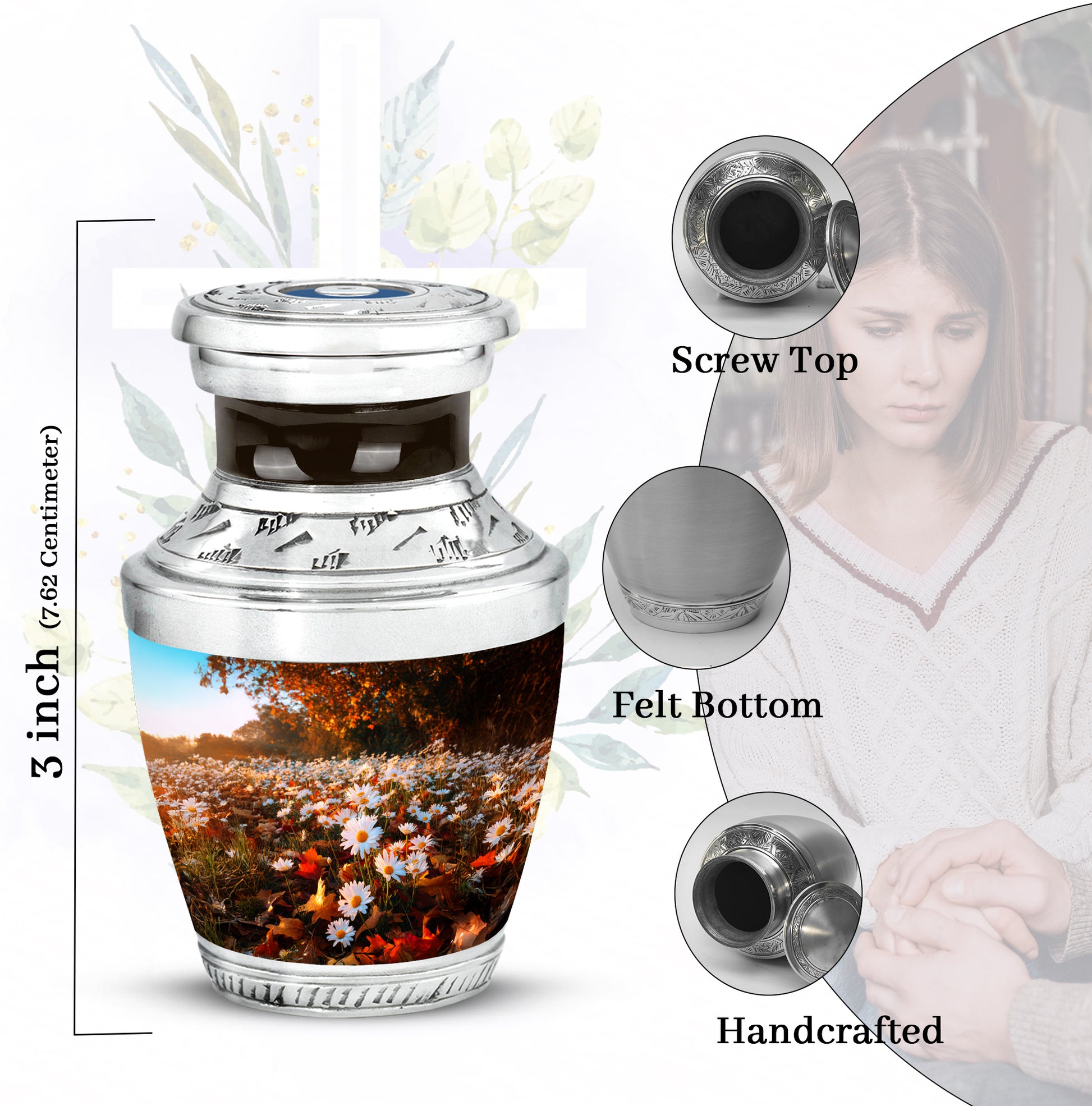 Champagne Gold Daisy Cremation Urn top-down view of secure threaded lid - modern art-inspired daisy motif on sleek aluminum - mini keepsake memorial for portion of cremation ashes