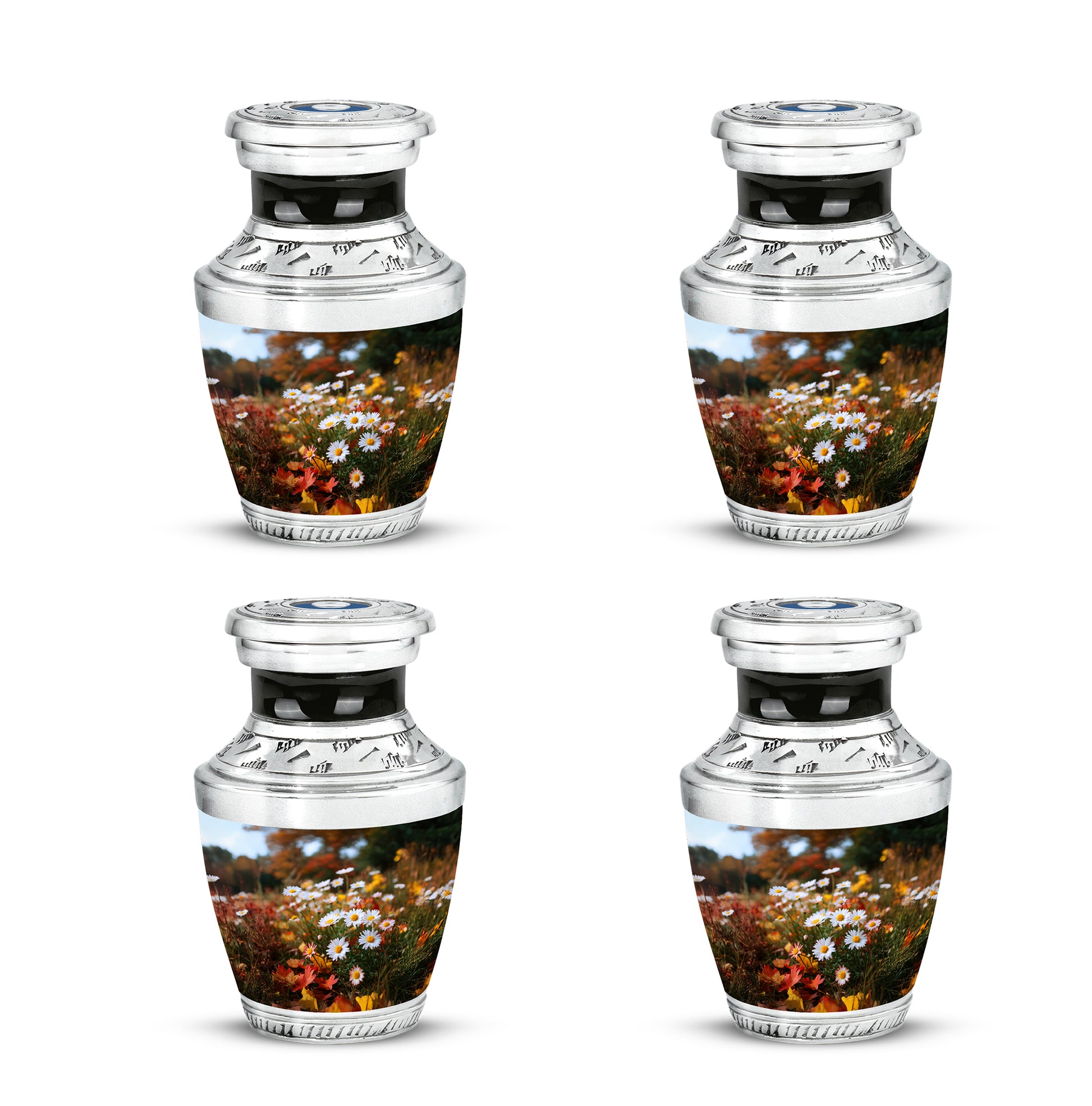 Amber Gold Daisy Cremation Urn back view with polished surface - contemporary daisy design with modern artistic flair - 10 inch aluminum urn for cremated remains