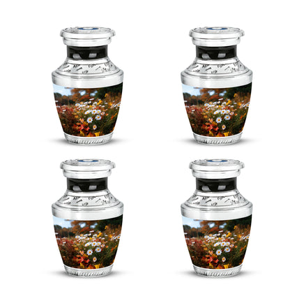Amber Gold Daisy Cremation Urn back view with polished surface - contemporary daisy design with modern artistic flair - 10 inch aluminum urn for cremated remains