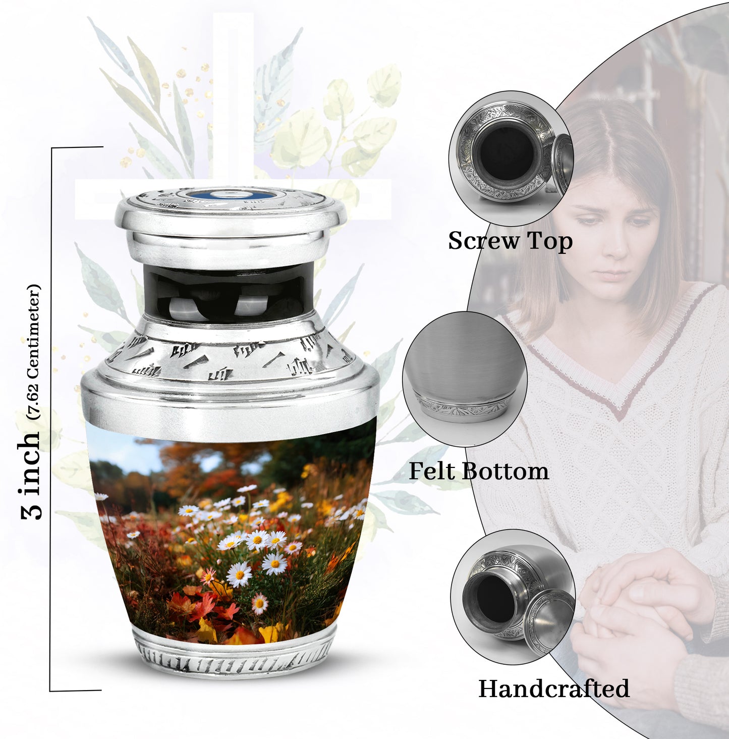 Royal Gold Daisy Cremation Urn top-down view of secure threaded lid - artistic daisy interpretation with creative detail - mini keepsake memorial for portion of cremation ashes