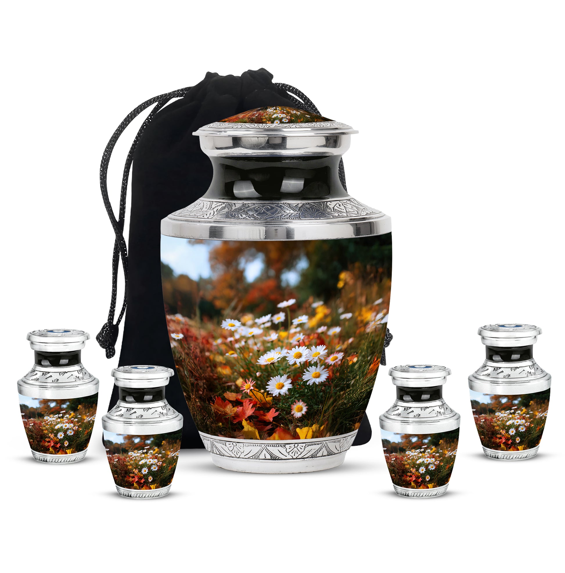 Burnished Gold Daisy Cremation Urn lifestyle display on memorial shelf - artistic daisy interpretation with creative detail - memorial set with one large and four small urns