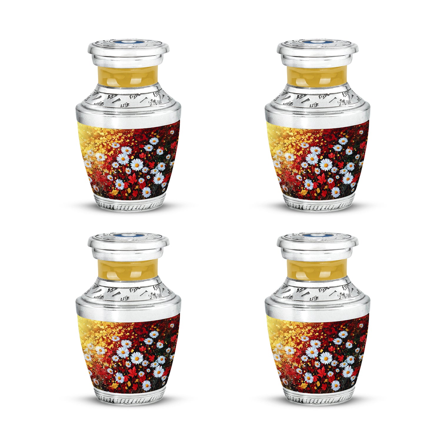 Harvest Gold Daisy Cremation Urn back view with polished surface - artistic daisy interpretation with creative detail - 10 inch aluminum urn for cremated remains