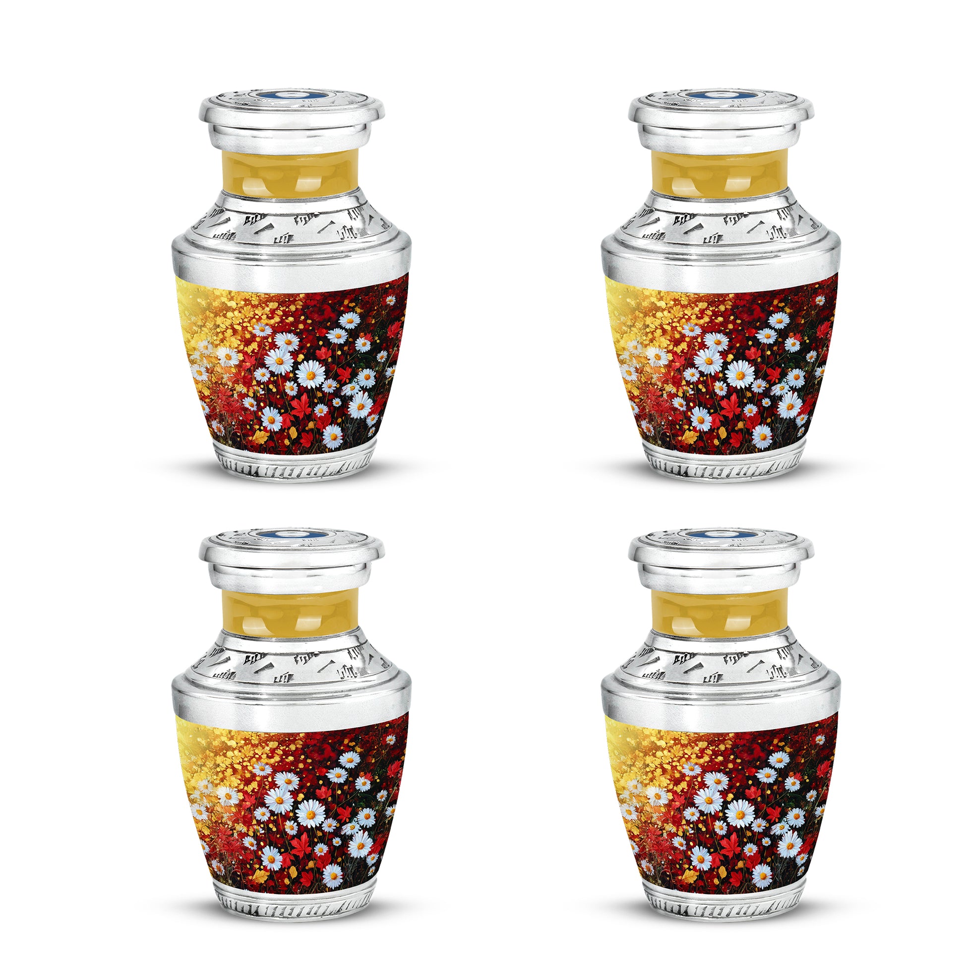Harvest Gold Daisy Cremation Urn back view with polished surface - artistic daisy interpretation with creative detail - 10 inch aluminum urn for cremated remains