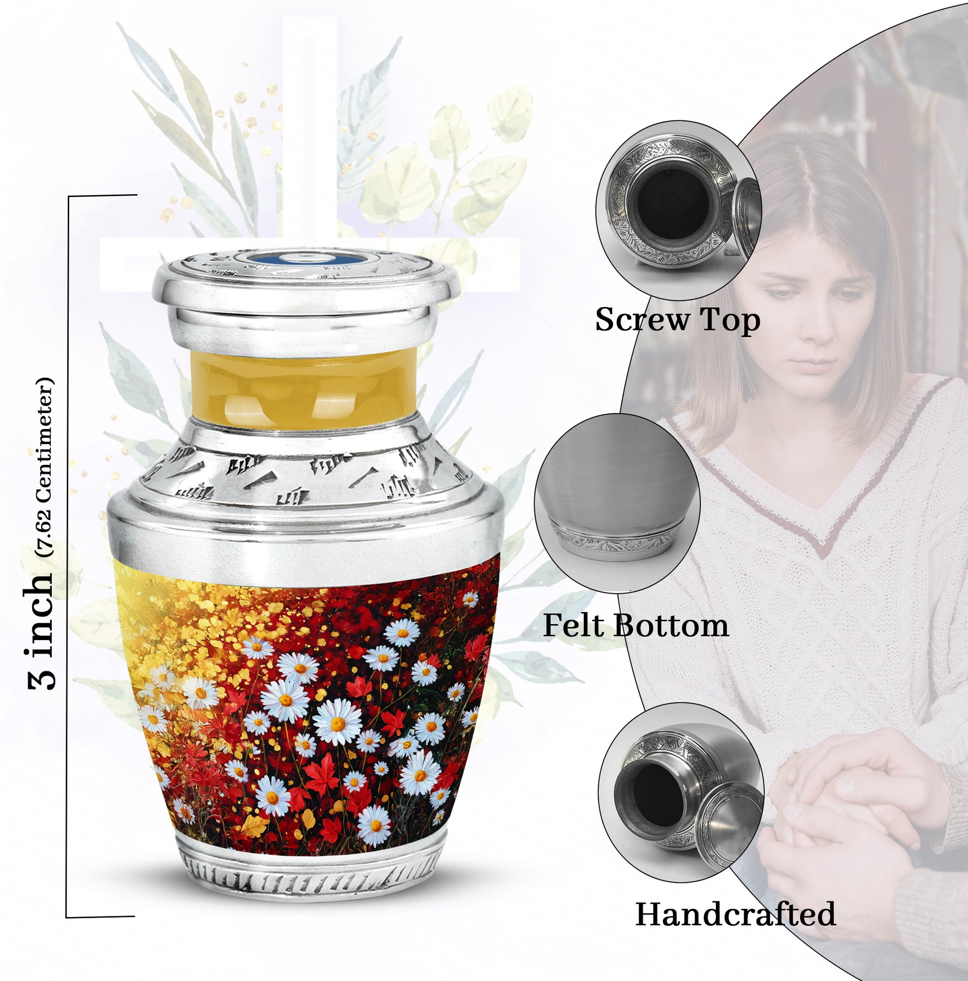 Antique Gold Daisy Cremation Urn top-down view of secure threaded lid - contemporary daisy design with modern artistic flair - mini keepsake memorial for portion of cremation ashes