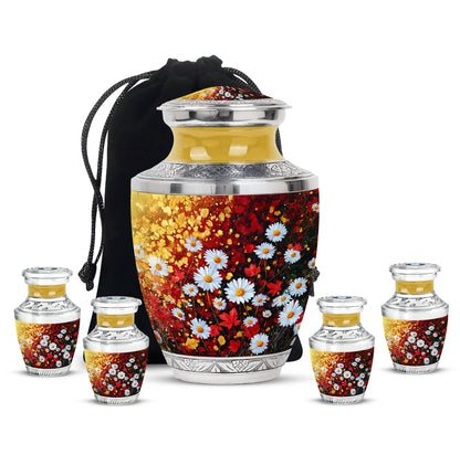 Gilded Gold Daisy Cremation Urn lifestyle display on memorial shelf - contemporary daisy design with modern artistic flair - memorial set with one large and four small urns