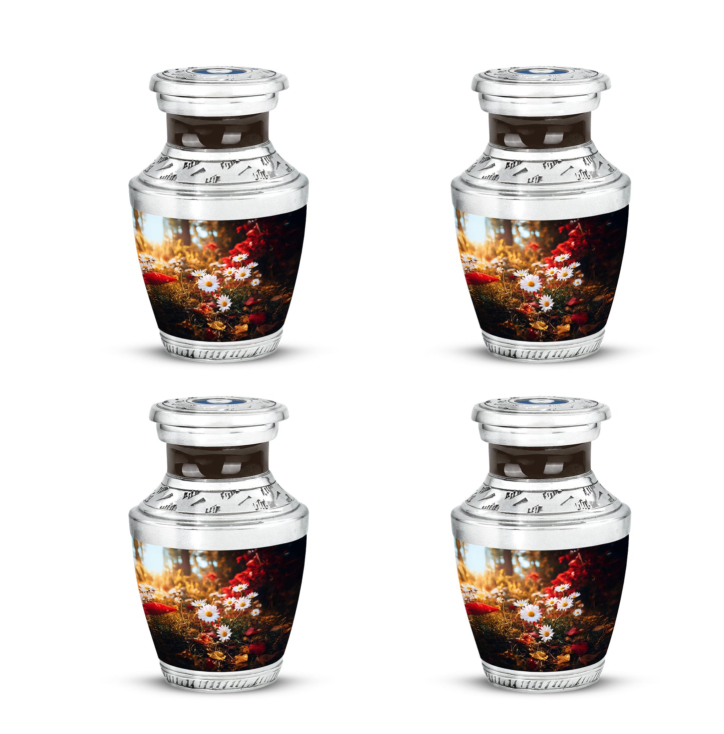 Gilded Gold Daisy Cremation Urn back view with polished surface - contemporary daisy design with modern artistic flair - 10 inch aluminum urn for cremated remains
