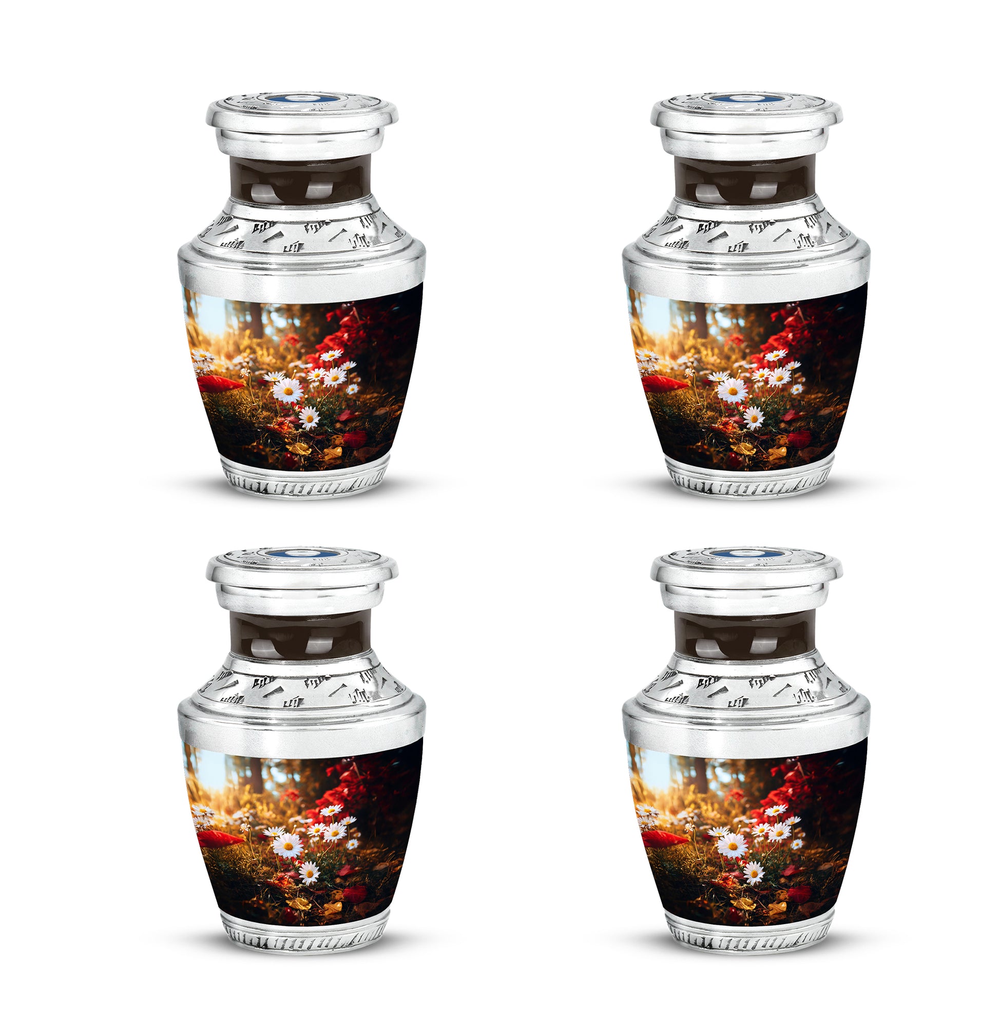 Gilded Gold Daisy Cremation Urn back view with polished surface - contemporary daisy design with modern artistic flair - 10 inch aluminum urn for cremated remains
