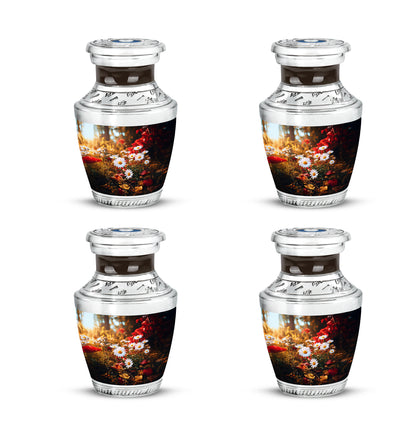 Gilded Gold Daisy Cremation Urn back view with polished surface - contemporary daisy design with modern artistic flair - 10 inch aluminum urn for cremated remains