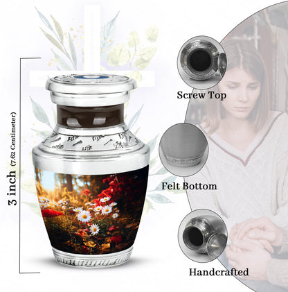 Gilded Gold Daisy Cremation Urn top-down view of secure threaded lid - modern art-inspired daisy motif on sleek aluminum - mini keepsake memorial for portion of cremation ashes