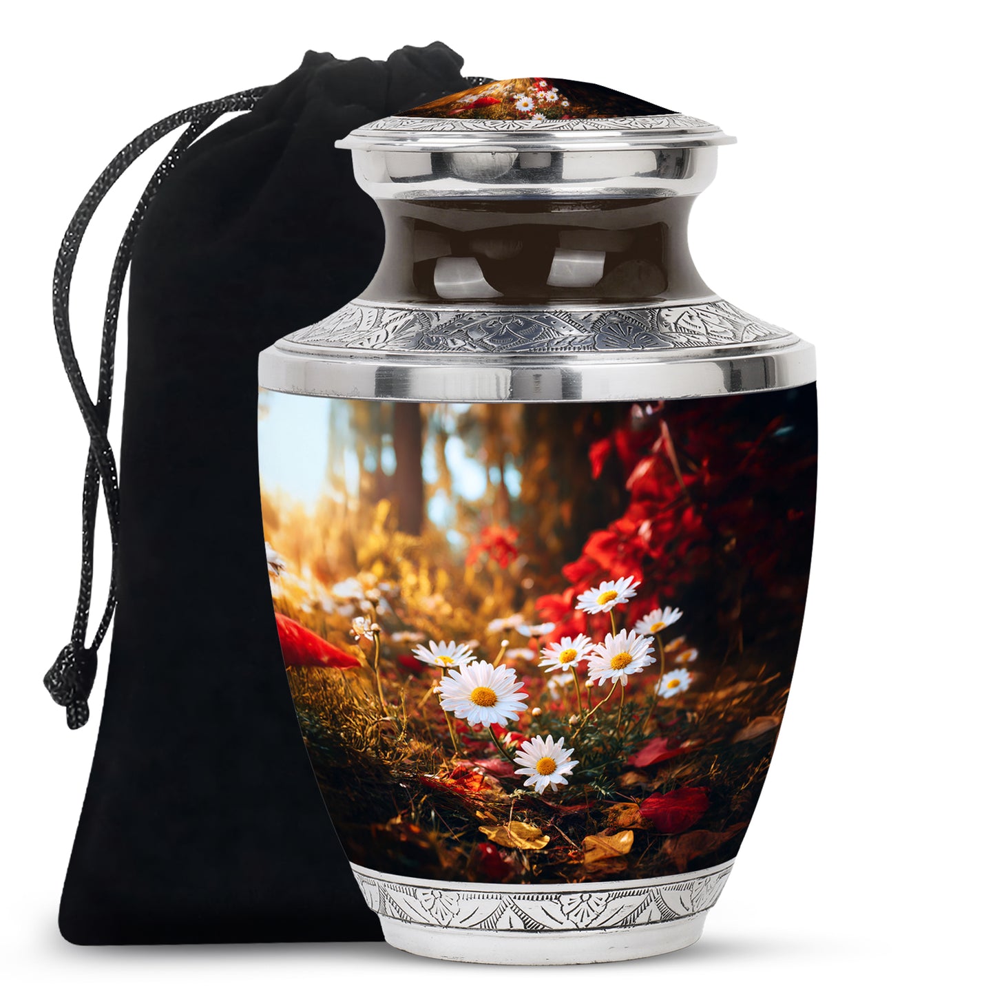 Harvest Gold Daisy Cremation Urn side profile showing urn shape - stylized abstract daisy pattern with bold lines - full-size 10 inch 200 cubic inch adult cremation urn