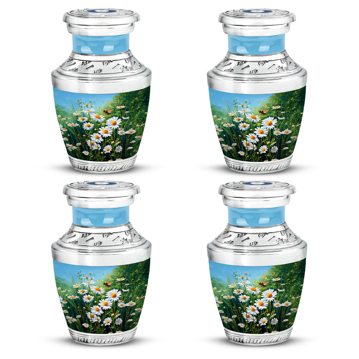 Mystic Teal Daisy Cremation Urn back view with polished surface - artistic daisy interpretation with creative detail - 10 inch aluminum urn for cremated remains