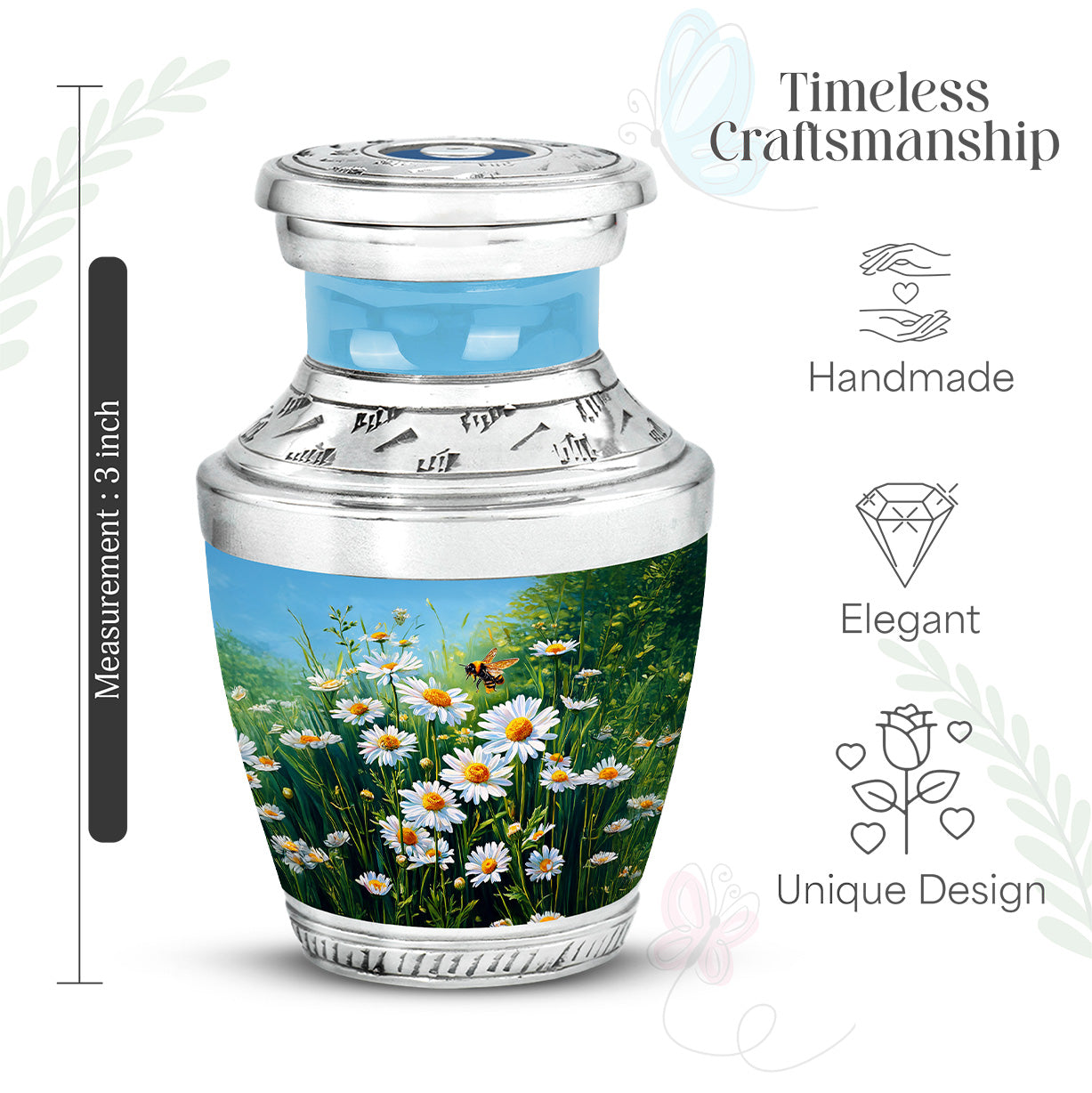 Cool Teal Daisy Cremation Urn top-down view of secure threaded lid - contemporary daisy design with modern artistic flair - mini keepsake memorial for portion of cremation ashes
