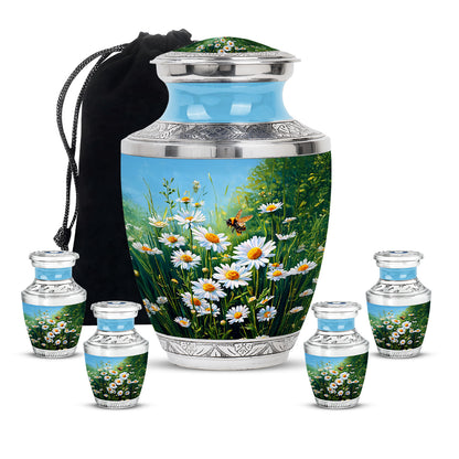 Cool Teal Daisy Cremation Urn lifestyle display on memorial shelf - contemporary daisy design with modern artistic flair - memorial set with one large and four small urns