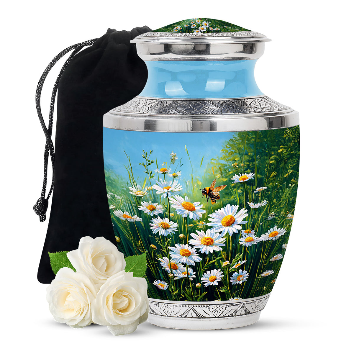 Tropical Teal Daisy Cremation Urn side profile showing urn shape - artistic daisy interpretation with creative detail - full-size 10 inch 200 cubic inch adult cremation urn