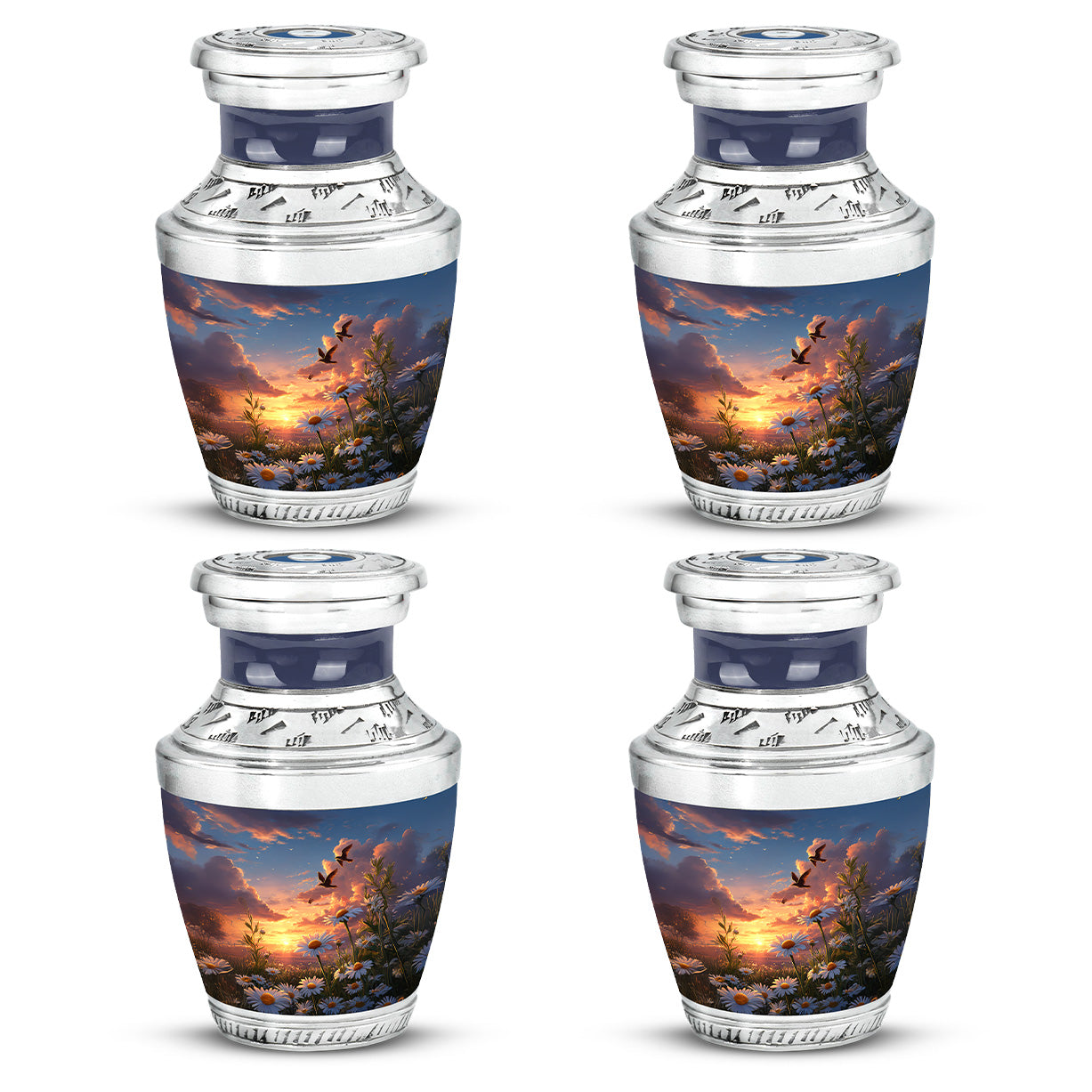 Sky Blue Daisy Cremation Urn back view with polished surface - modern art-inspired daisy motif on sleek aluminum - 10 inch aluminum urn for cremated remains