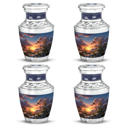 Sky Blue Daisy Cremation Urn back view with polished surface - modern art-inspired daisy motif on sleek aluminum - 10 inch aluminum urn for cremated remains