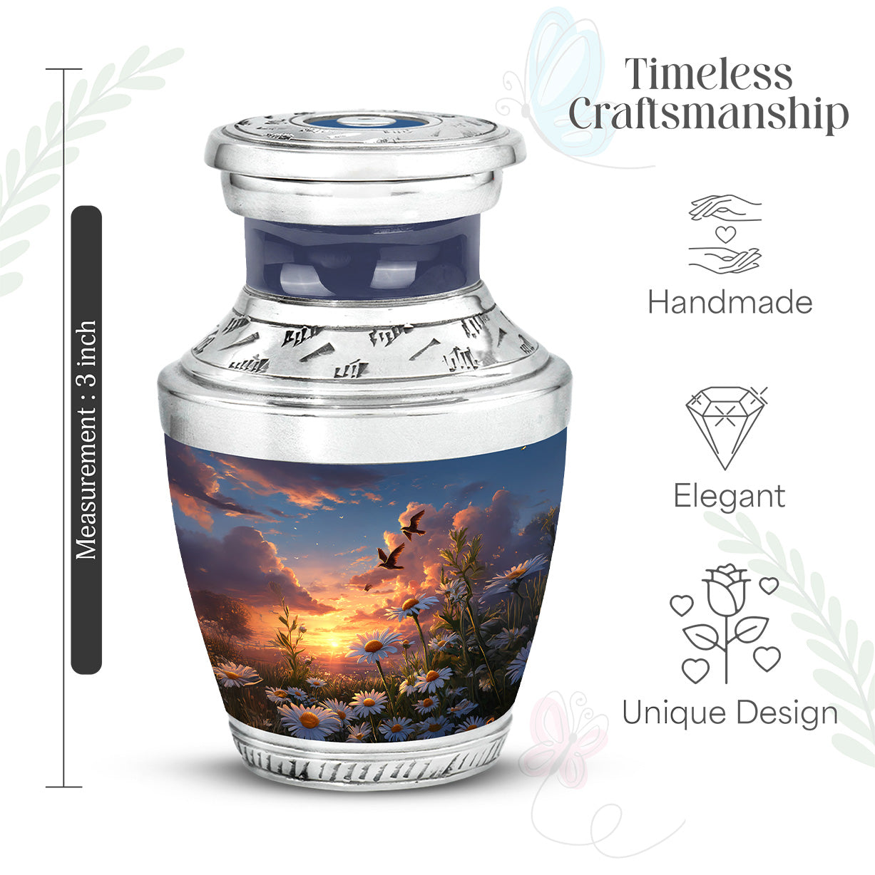 Indigo Daisy Cremation Urn top-down view of secure threaded lid - modern art-inspired daisy motif on sleek aluminum - mini keepsake memorial for portion of cremation ashes