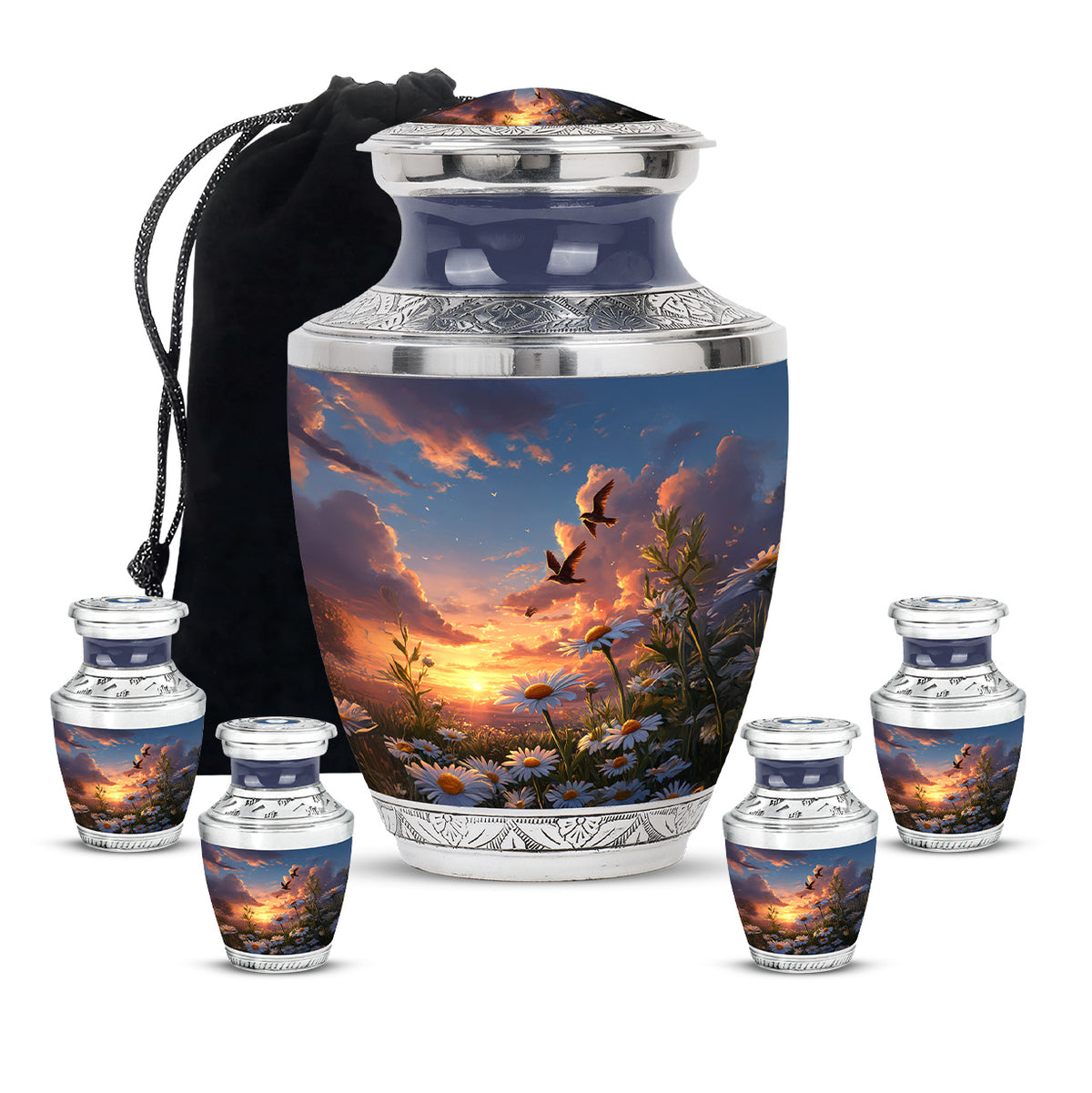 Sky Blue Daisy Cremation Urn lifestyle display on memorial shelf - contemporary daisy design with modern artistic flair - memorial set with one large and four small urns
