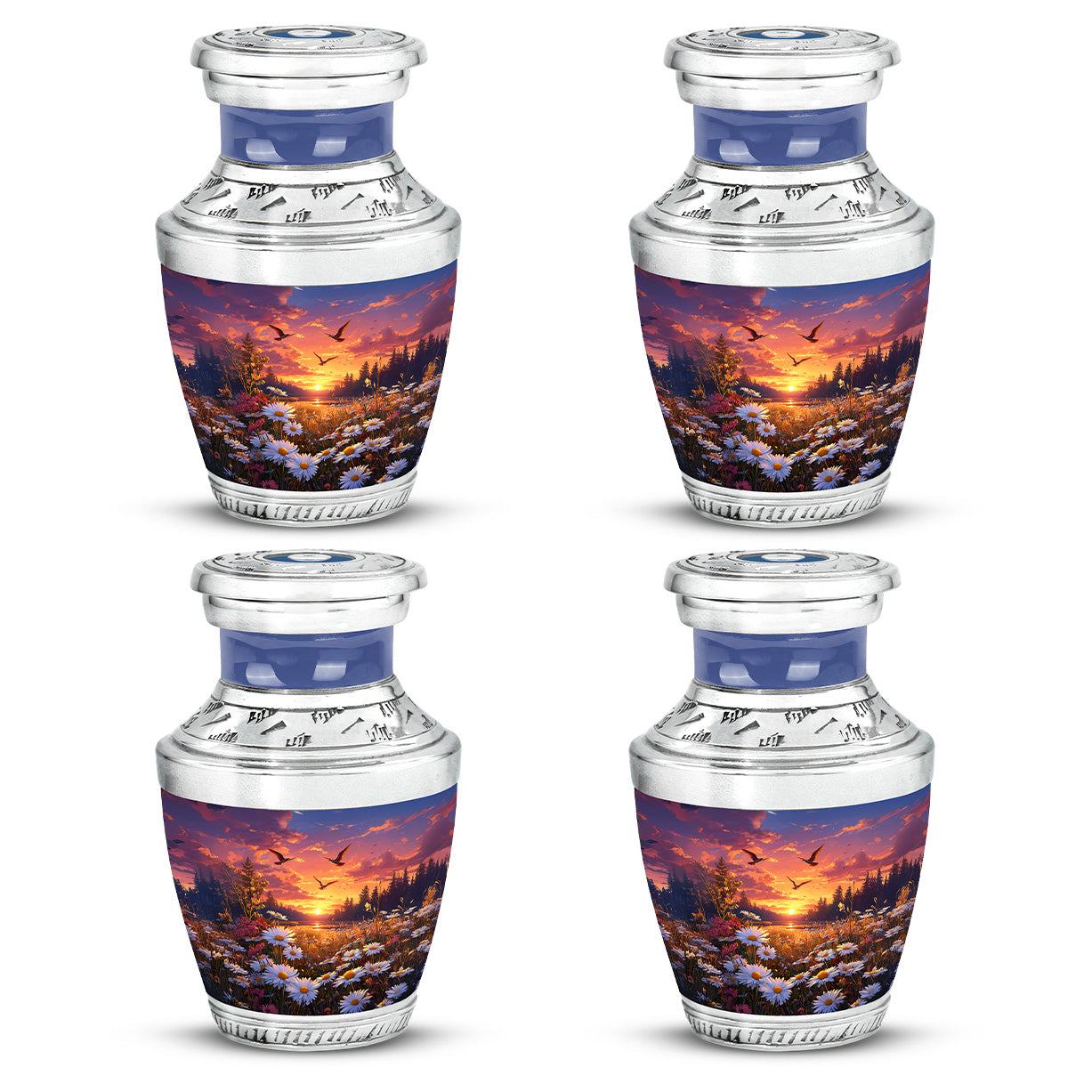 Steel Blue Daisy Cremation Urn back view with polished surface - artistic daisy interpretation with creative detail - 10 inch aluminum urn for cremated remains