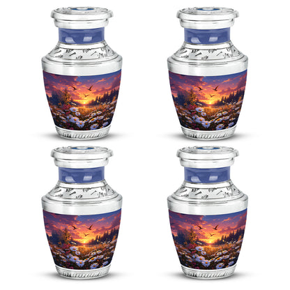 Steel Blue Daisy Cremation Urn back view with polished surface - artistic daisy interpretation with creative detail - 10 inch aluminum urn for cremated remains