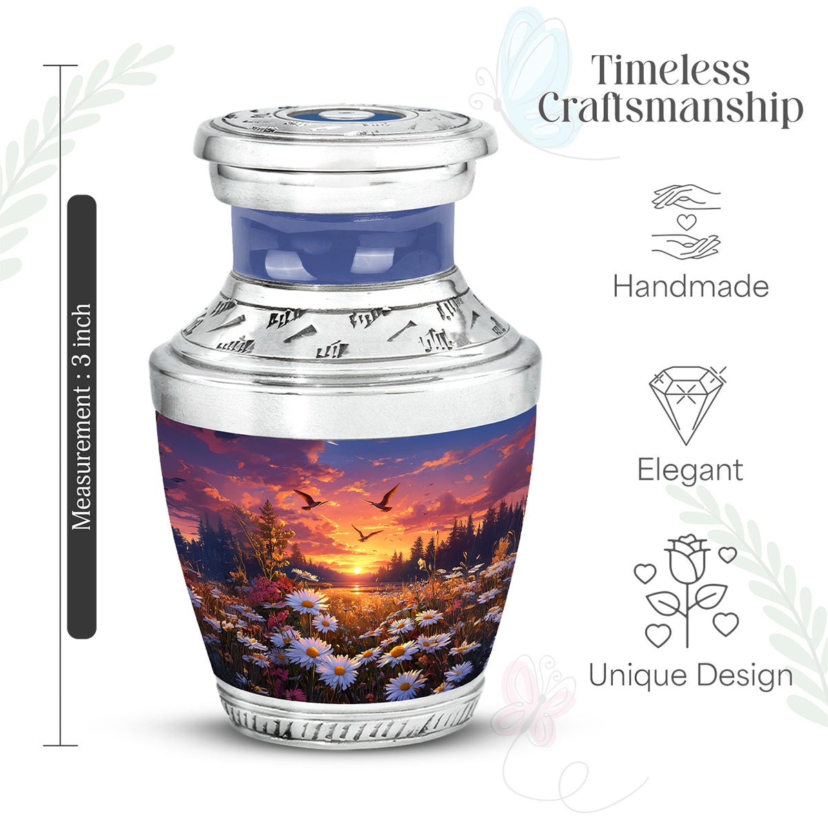 Slate Blue Daisy Cremation Urn top-down view of secure threaded lid - modern art-inspired daisy motif on sleek aluminum - mini keepsake memorial for portion of cremation ashes