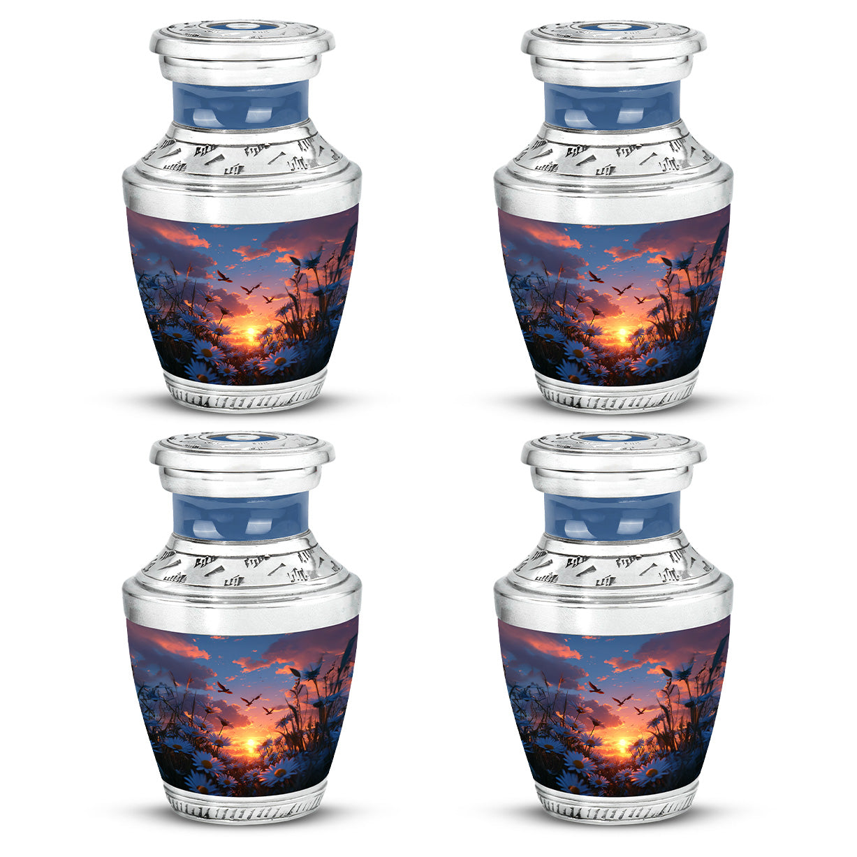 Icy Blue Daisy Cremation Urn back view with polished surface - modern art-inspired daisy motif on sleek aluminum - 10 inch aluminum urn for cremated remains