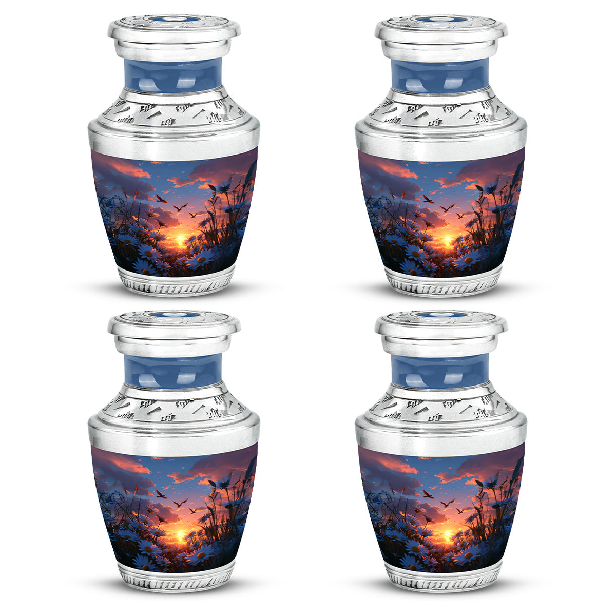 Icy Blue Daisy Cremation Urn back view with polished surface - modern art-inspired daisy motif on sleek aluminum - 10 inch aluminum urn for cremated remains
