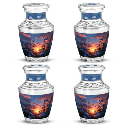 Icy Blue Daisy Cremation Urn back view with polished surface - modern art-inspired daisy motif on sleek aluminum - 10 inch aluminum urn for cremated remains
