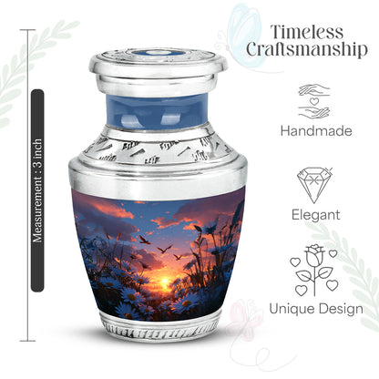 Cobalt Blue Daisy Cremation Urn top-down view of secure threaded lid - stylized abstract daisy pattern with bold lines - mini keepsake memorial for portion of cremation ashes