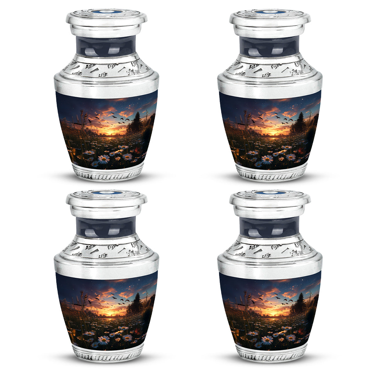 Misty Blue Daisy Cremation Urn back view with polished surface - contemporary daisy design with modern artistic flair - 10 inch aluminum urn for cremated remains