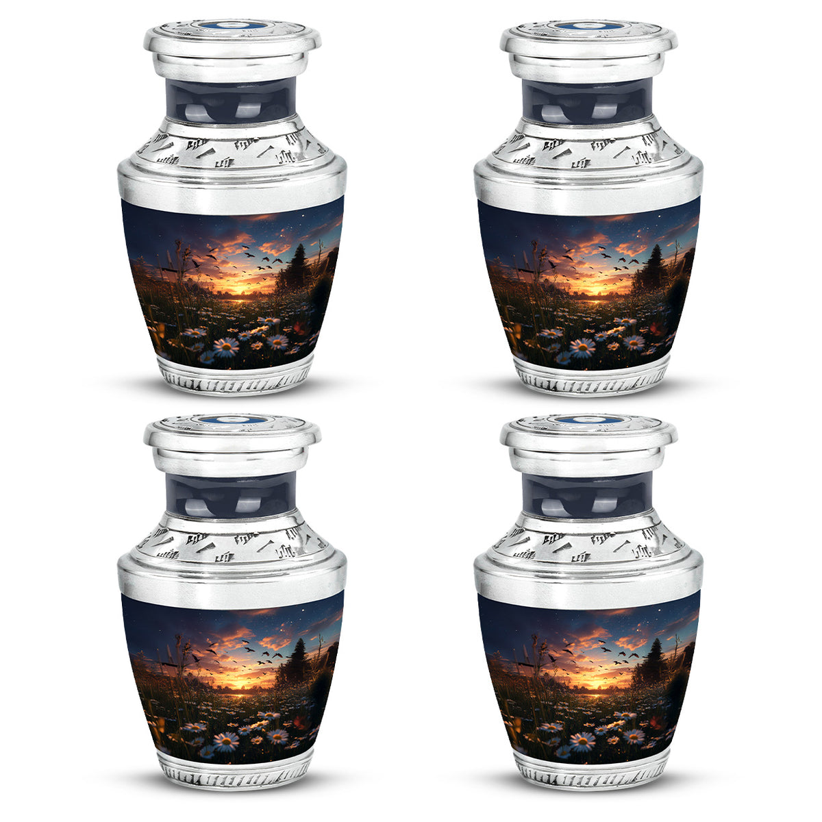 Misty Blue Daisy Cremation Urn back view with polished surface - contemporary daisy design with modern artistic flair - 10 inch aluminum urn for cremated remains