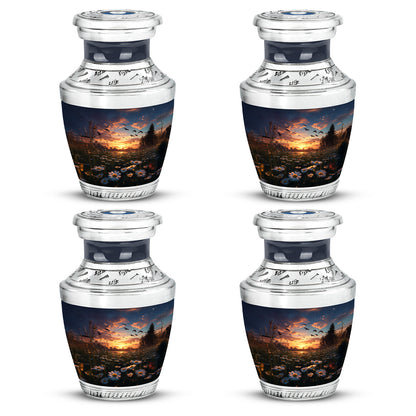 Misty Blue Daisy Cremation Urn back view with polished surface - contemporary daisy design with modern artistic flair - 10 inch aluminum urn for cremated remains